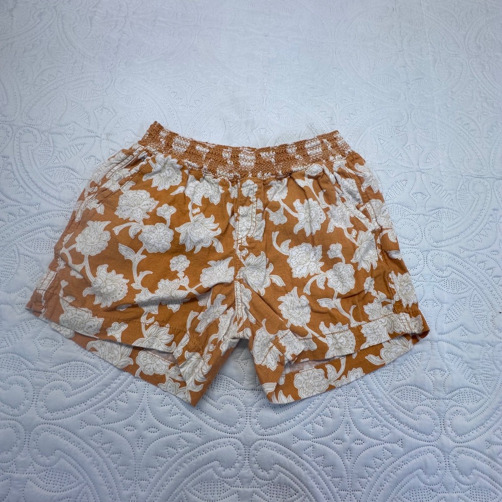 Briggs Floral Linen Blend Smocked Waist Shorts Orange White Size 8